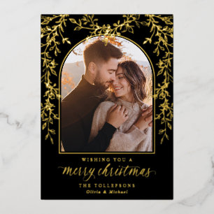 Elegante Gouden Script Boog Foto Kerstmis Folie Feestdagenkaart