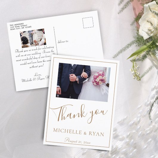 Elegante Gouden Script Bruiloft 2 Foto's Dank je Briefkaart