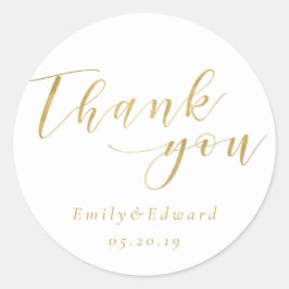 Elegante gouden script bruiloft gunst dank u ronde sticker