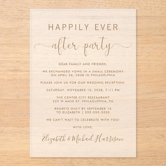 Elegante gouden script bruiloft receptie Frosted Acryl Uitnodigingen (Voorkant)