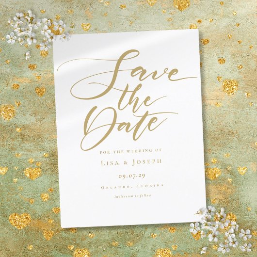 Elegante gouden script bruiloft save the date aankondigingskaart