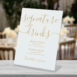 Elegante gouden script bruiloft signature drankjes reclamebord met voetstuk