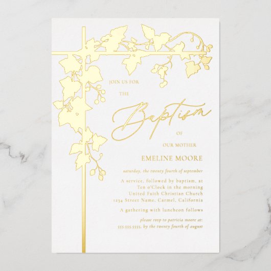 Elegante gouden script doop folie uitnodiging (Voorkant)