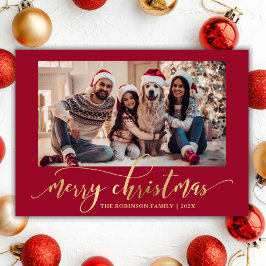 Elegante Gouden Script Eén Foto Rode Kerst Feestdagenkaart