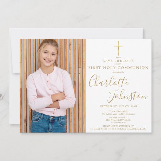 Elegante gouden script Eerste Heilige Communie fot Save The Date (Voorkant)