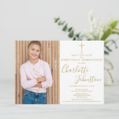 Elegante gouden script Eerste Heilige Communie fot Save The Date (Staand voorkant)