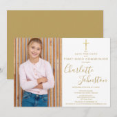 Elegante gouden script Eerste Heilige Communie fot Save The Date (Voorkant / Achterkant)