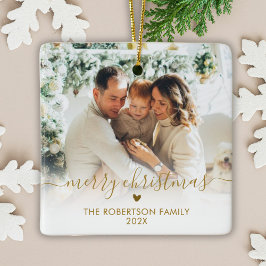 Elegante Gouden Script Familie Foto Prettig Kerstf Keramisch Ornament
