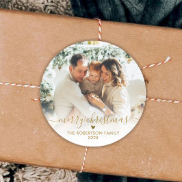 Elegante Gouden Script Familie Foto Prettig Kerstf Ronde Sticker