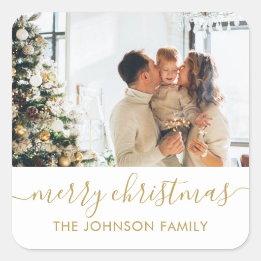 Elegante Gouden Script Familie Foto Prettig Kerstf Vierkante Sticker (Voorkant)