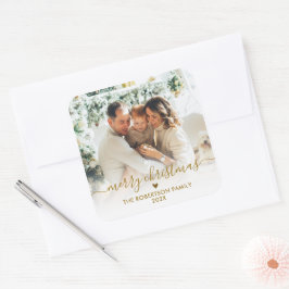 Elegante Gouden Script Familie Foto Prettig Kerstf Vierkante Sticker