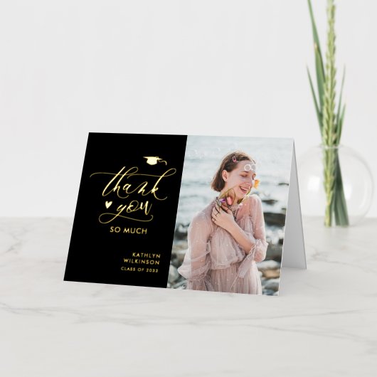 Elegante gouden script foto afstudeer bedankje folie wenskaart (Voorkant)