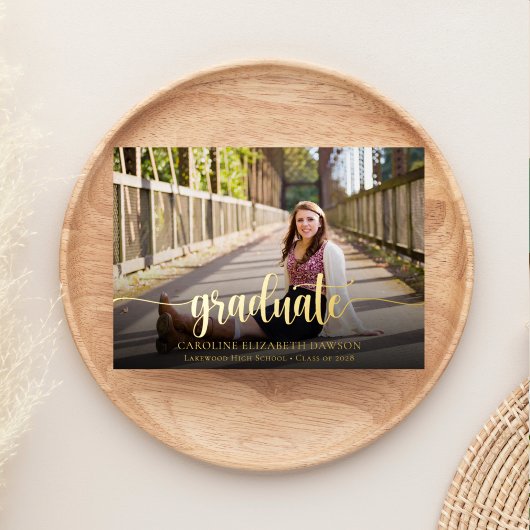 Elegante Gouden Script Foto Afstudeerfeest Folie Uitnodiging