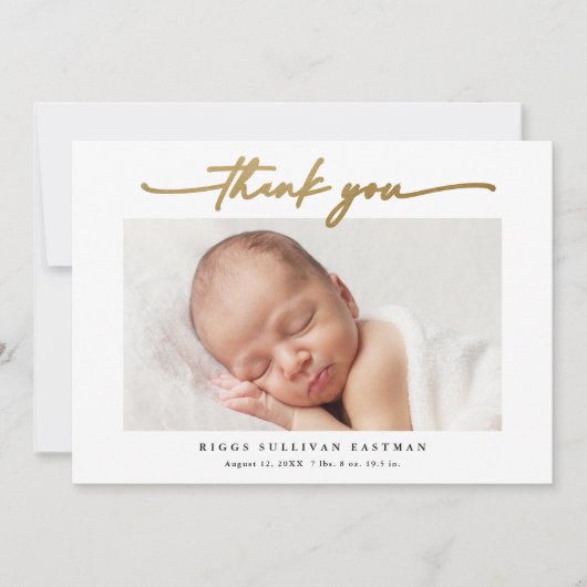 Elegante Gouden Script Foto Baby Bedankkaart (Voorkant)