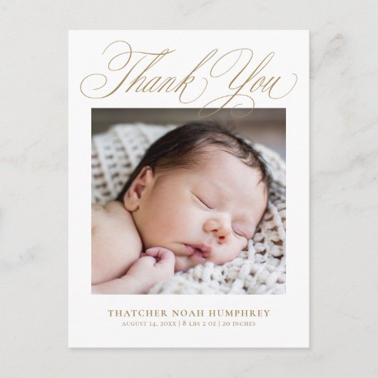 Elegante Gouden Script Foto Baby Bedankt  Briefkaart (Voorkant)
