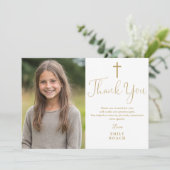 Elegante gouden script foto Eerste Heilige Communi Bedankkaart (Staand voorkant)