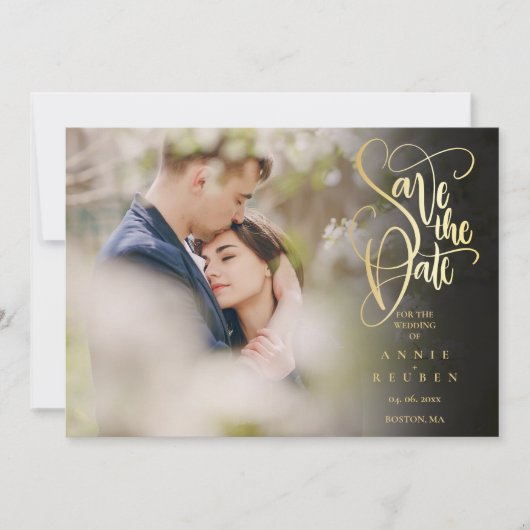 Elegante gouden script foto QR-code trouwen Save The Date (Voorkant)