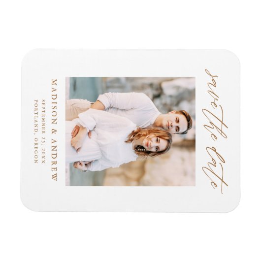 Elegante gouden script foto save the date magneet (Horizontaal)