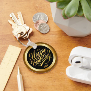 Elegante Gouden Script Gelukkige Verjaardag Zwart Sleutelhanger