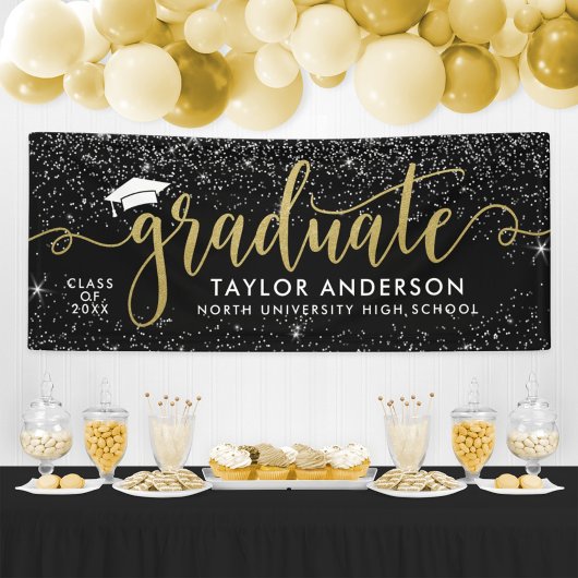 Elegante Gouden Script Geslaagd Zwart Spandoek