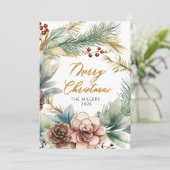 Elegante gouden script Greenery Krans Kerstmis Feestdagenkaart (Staand voorkant)