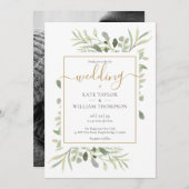 Elegante Gouden Script Groene Bladeren Foto Bruilo Kaart (Voorkant / Achterkant)