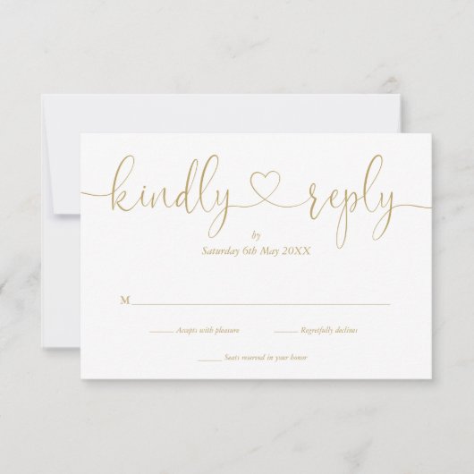 Elegante gouden script hart vriendelijke reactie RSVP kaartje (Voorkant)