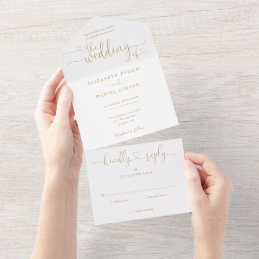 Elegante gouden script hartjes minimalistische tro all in one uitnodiging (Afscheurbaar)