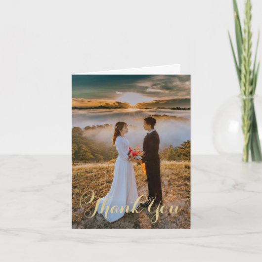 Elegante gouden script huwelijksfoto bedankkaart (Voorkant)