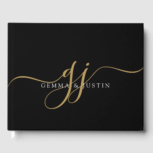 Elegante Gouden Script Initiaal Naam Monogram Zwar Gastenboek (Voorkant)
