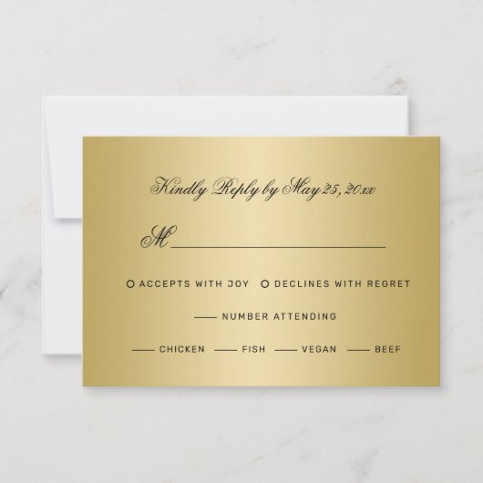 Elegante gouden script kalligrafie op zwarte bruil RSVP kaartje (Voorkant)