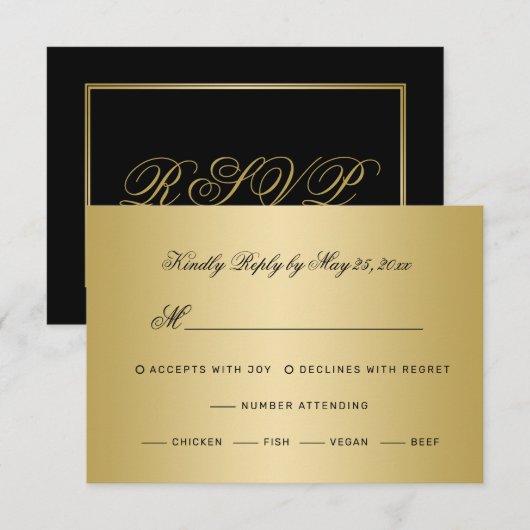 Elegante gouden script kalligrafie op zwarte bruil RSVP kaartje (Voorkant / Achterkant)
