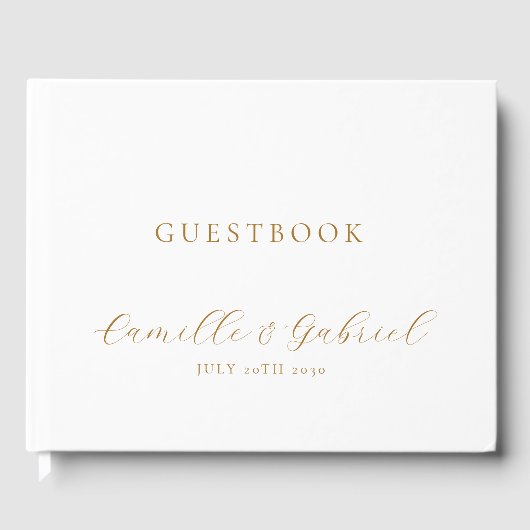 Elegante gouden script kalligrafie witte bruiloft gastenboek (Voorkant)
