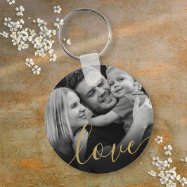 Elegante Gouden Script Love Zwart en Wit Foto Sleutelhanger