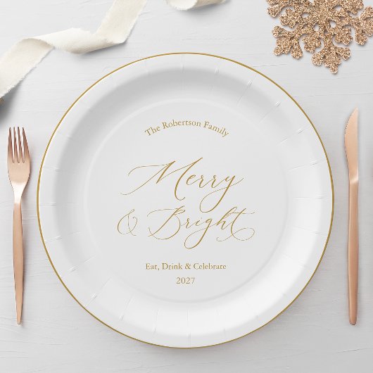 Elegante Gouden Script “Merry & Bright” Kerstmis Papieren Bordje