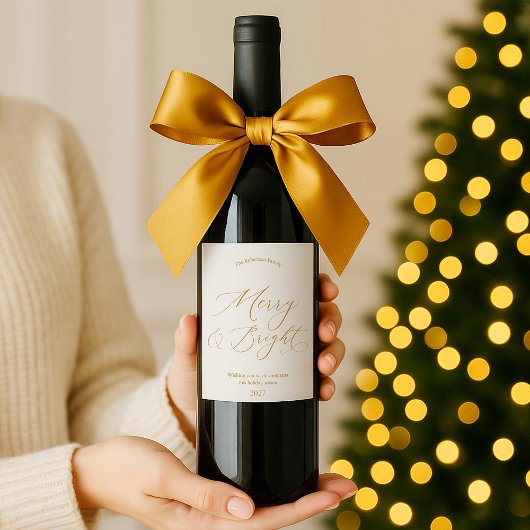 Elegante Gouden Script “Merry & Bright” Kerstmis Wijn Etiket
