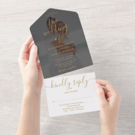 Elegante Gouden Script Minimalistische Foto Huweli All In One Uitnodiging