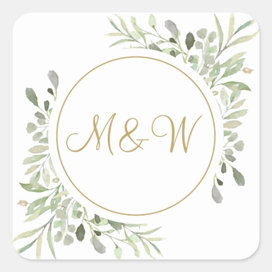 Elegante gouden script monogram initiaal groen vierkante sticker (Voorkant)
