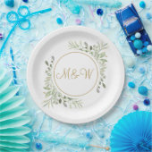 Elegante gouden script monogram initialen groen papieren bordje (Feest)