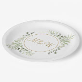 Elegante gouden script monogram initialen groen papieren bordje (Gekanteld)
