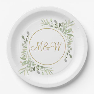 Elegante gouden script monogram initialen groen papieren bordje
