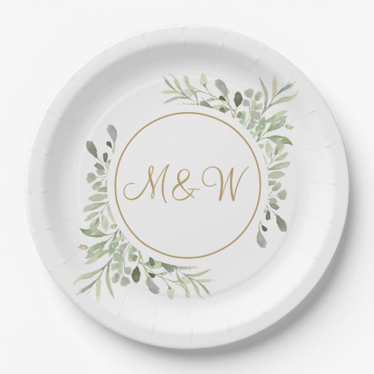 Elegante gouden script monogram initialen groen papieren bordje (Voorkant)