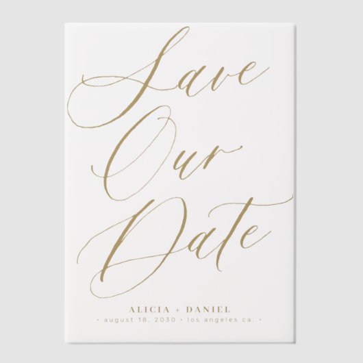 Elegante gouden script overlay bruiloft opslaan va vellum uitnodigingen (Voorkant)