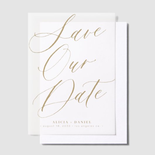 Elegante gouden script overlay bruiloft opslaan va vellum uitnodigingen (Offset)