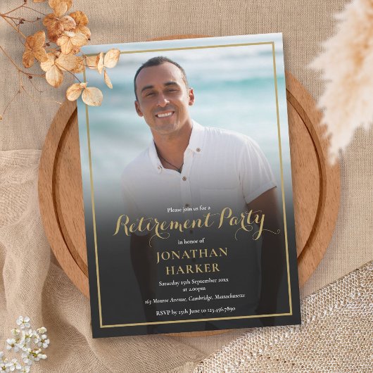 Elegante gouden script pensionering feest foto kaart