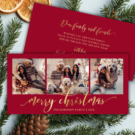 Elegante Gouden Script Rode 3 Foto Collage Kerstmi Feestdagenkaart