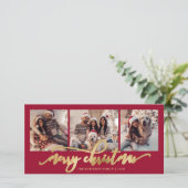 Elegante Gouden Script Rode 3 Foto Collage Kerstmi Feestdagenkaart (Staand voorkant)