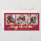 Elegante Gouden Script Rode 3 Foto Collage Kerstmi Feestdagenkaart (Voorkant)