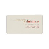 Elegante Gouden Script Rode Feestelijke Kerstmis Etiket (Voorkant)