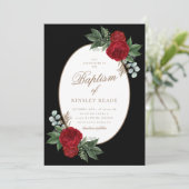 Elegante gouden script rode pioenen doop kaart (Staand voorkant)